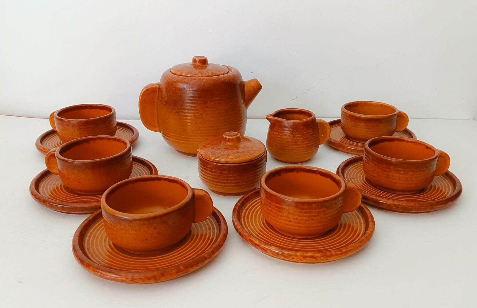 Brown Ceramic Tea Set Designed By Laveno Pareschi, Vintage 1970s For 6 People