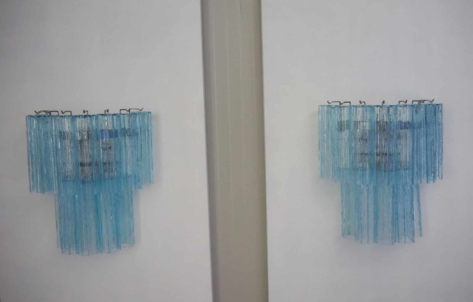 Fantastic Pair Of Murano Glass Tube Wall Sconces   13 Blue Glass Tube