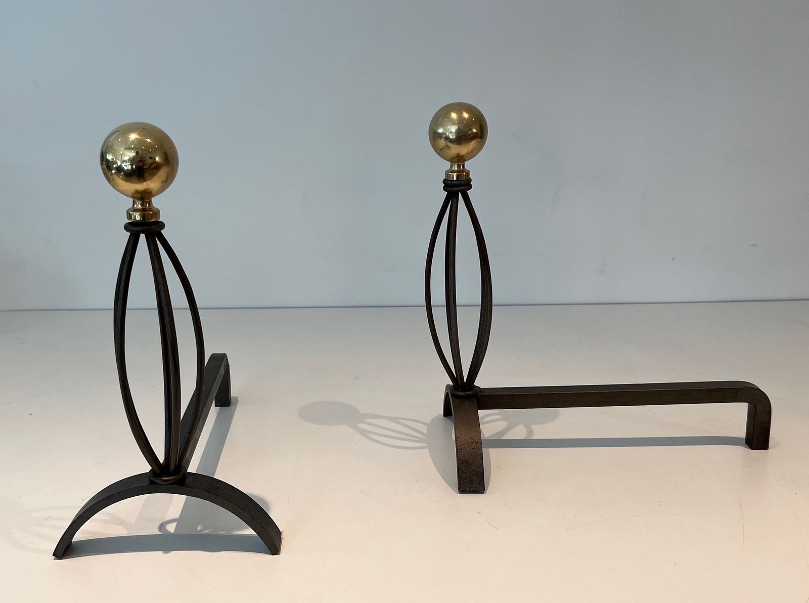 Pair Of Wrought Iron And Brass Andirons photo for sale