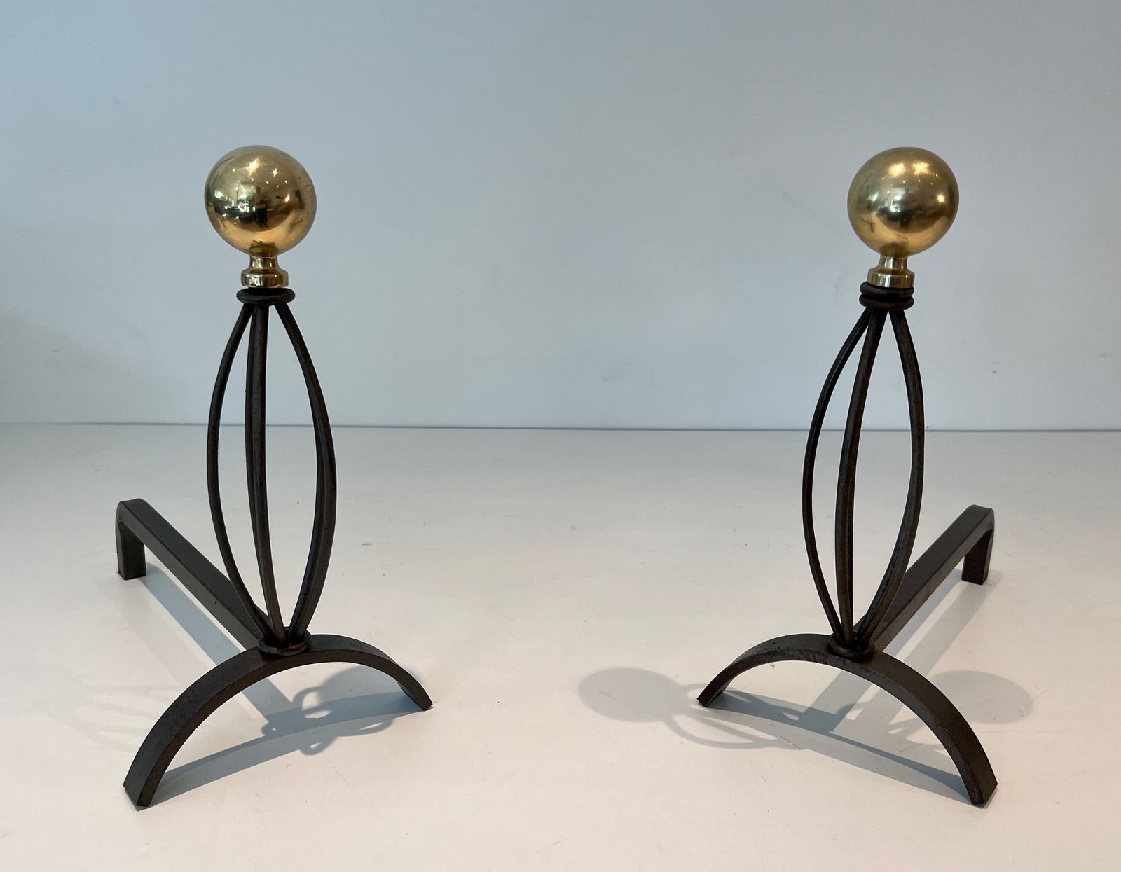 Pair Of Wrought Iron And Brass Andirons photo vintage