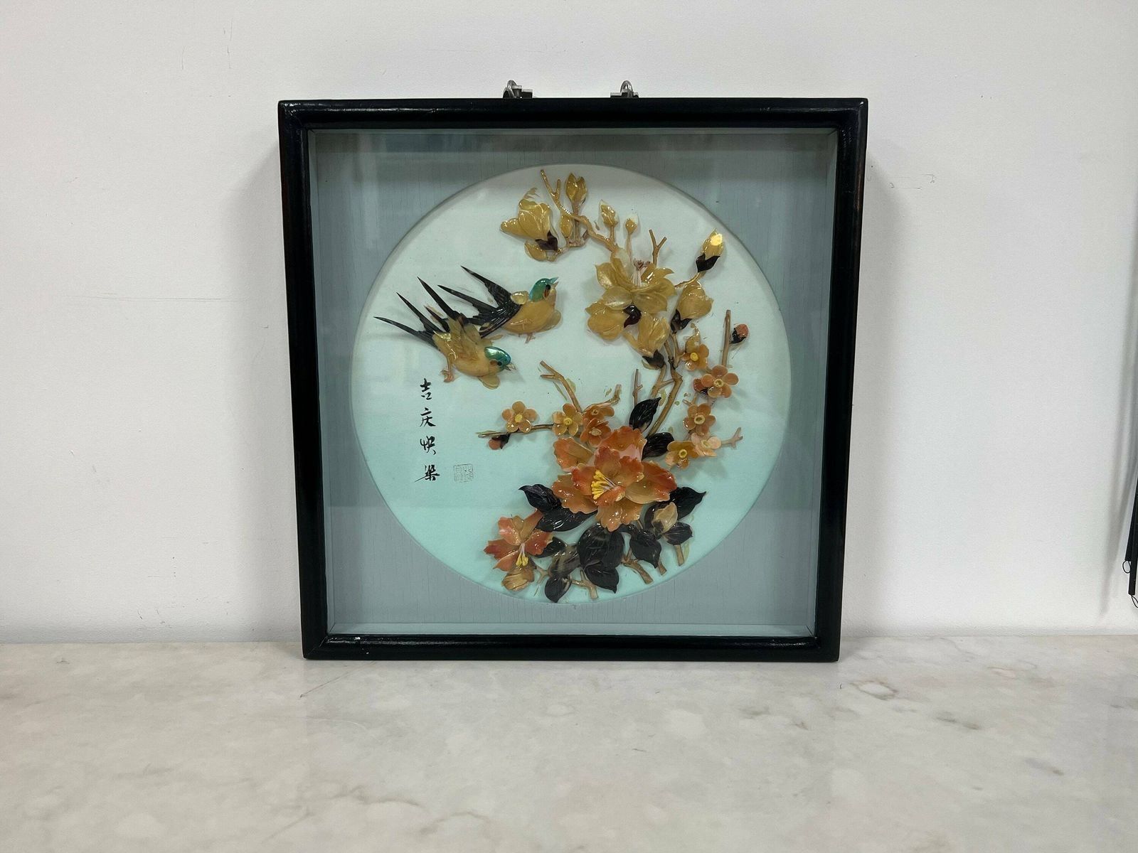 Vintage Japanese Shell Art, Oriental Mid Century Shell Art, Framed Boxed 3d Art Flowers And Birds photo furniture