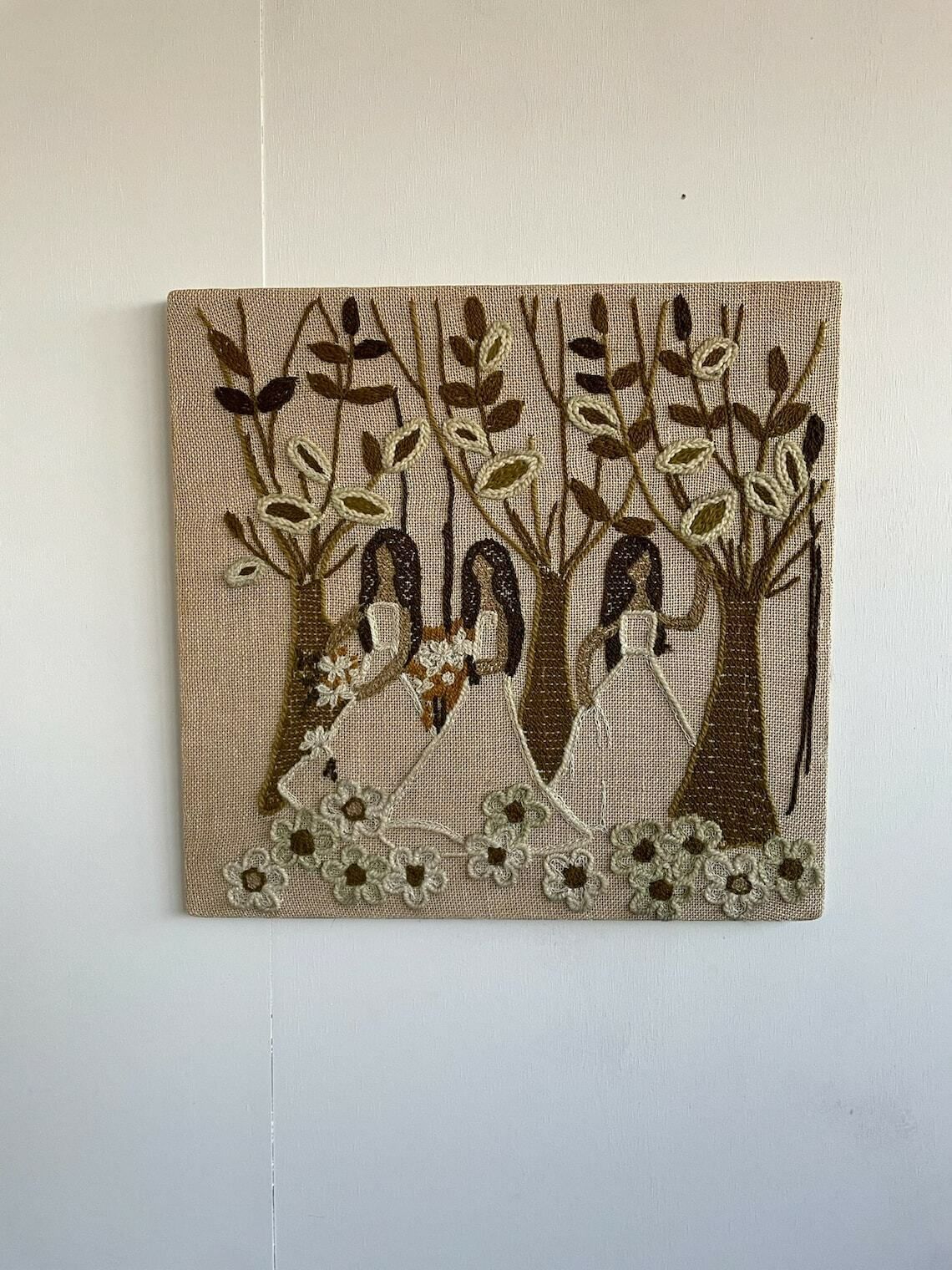Folk Art Embroidered Wall Piece With 3 Women Collecting Flowers Cream Brown photo for sale