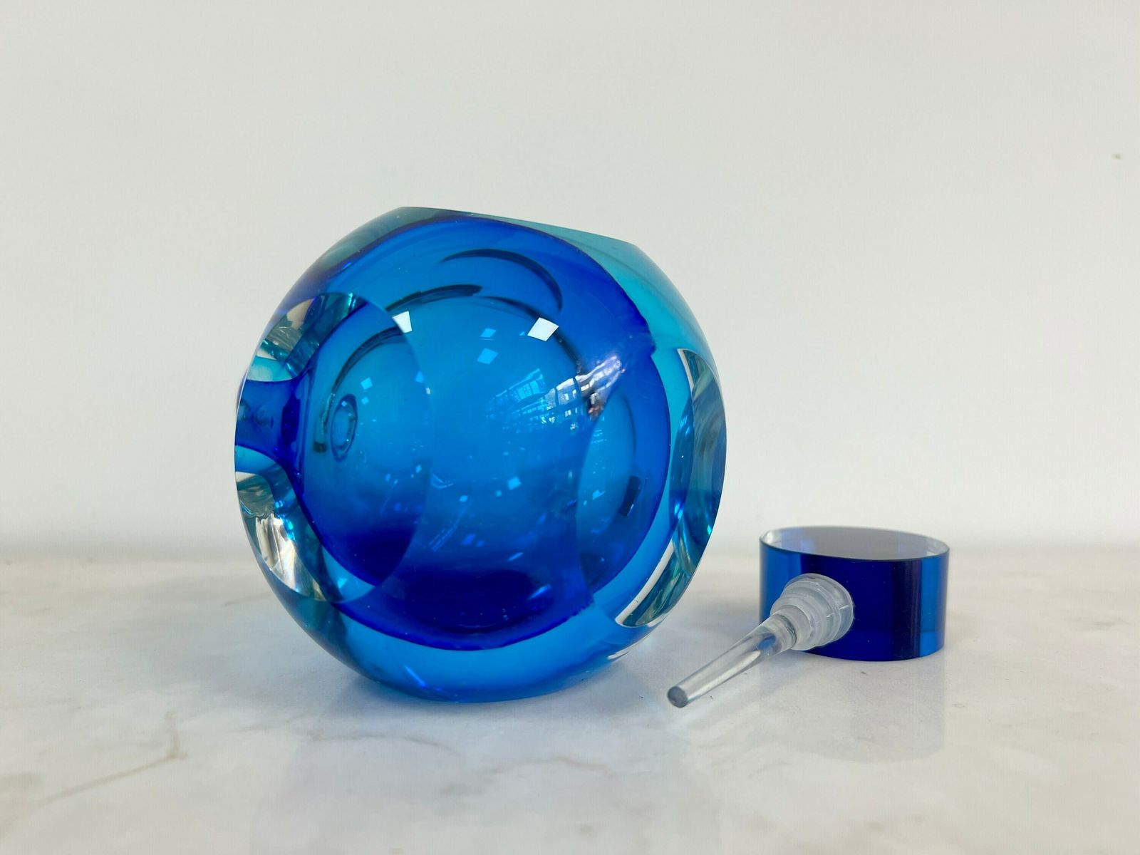 Vintage Murano Art Glass Perfume Bottle, Jewel Blue Tones Sammerso Style Glass, Blue Bull’s Eye Glass photo for sale