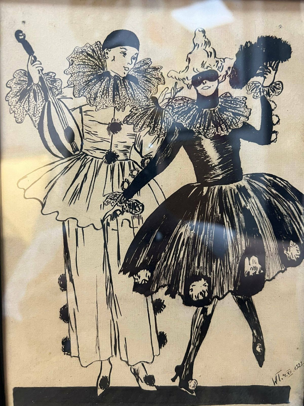 Antique Pen & Ink Drawing On Paper, Framed Picture Of Harlequin/ Pierot, Costume Ball, Germany 1923 photo vinterior