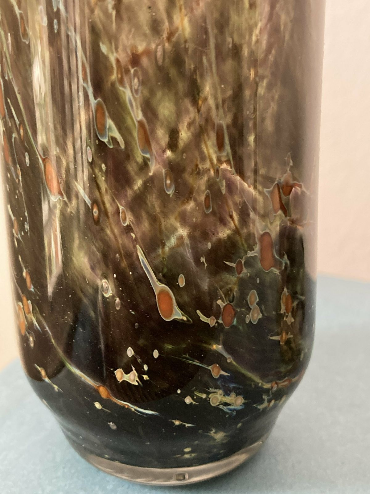 Vintage Spotted Hand Blown Art Green Glass Vase photo for sale