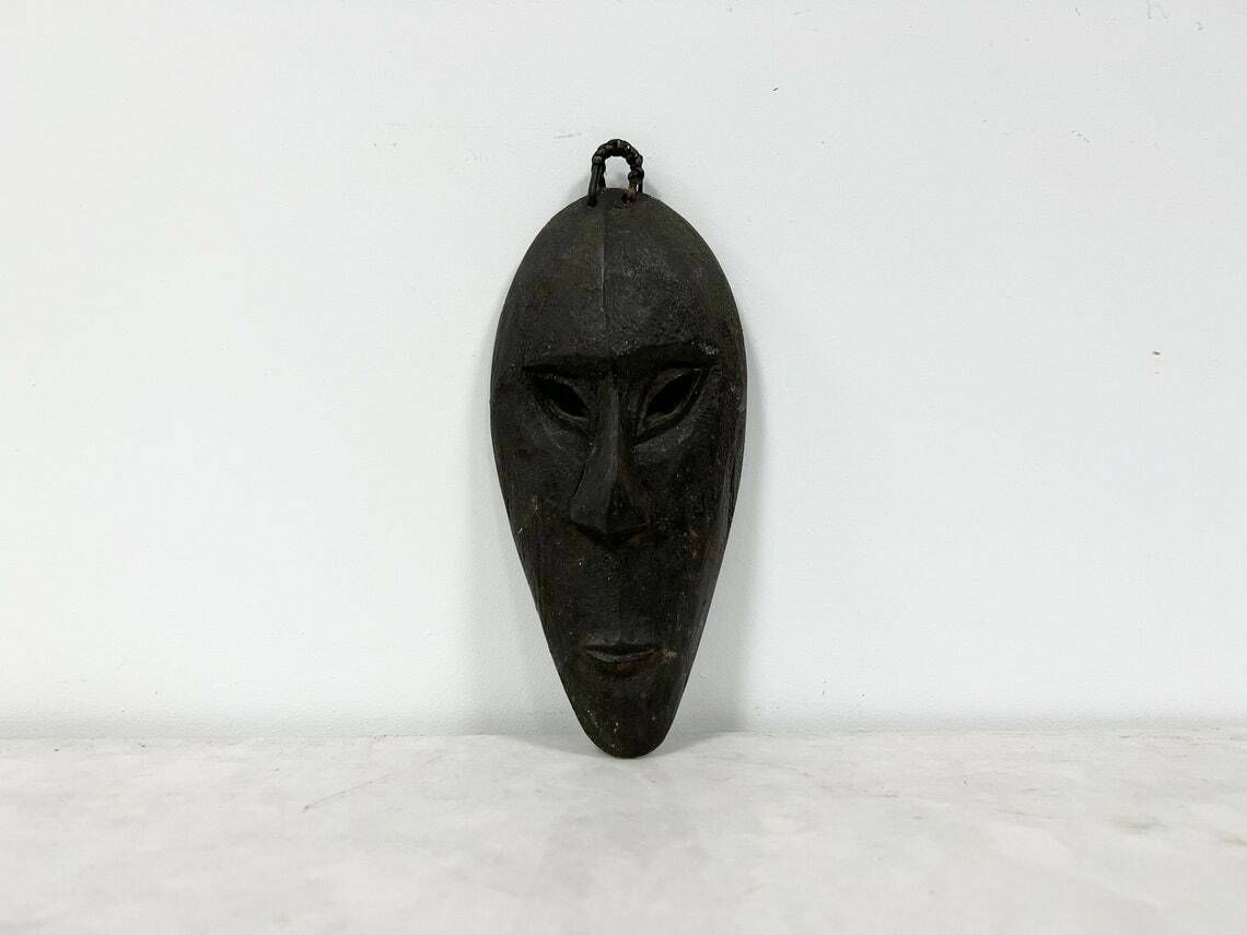 Vintage Black Wooden African Mask Wall Hanging, Hand Carved Primitive Mask Wood Decoration