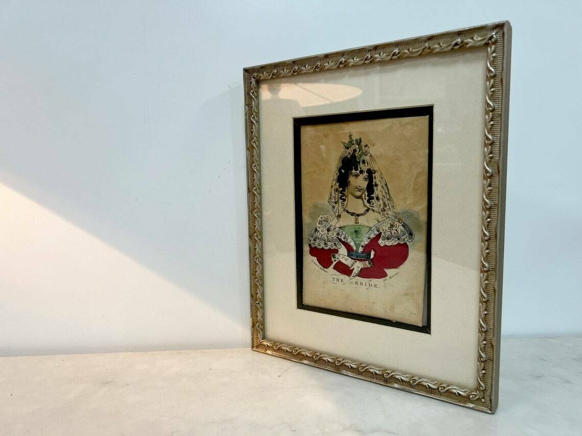 Antique 19th Century British Tinsel Print Engraving, The Bride, John Fairburn Minories London 1840, Antique Female Portrait photo for sale