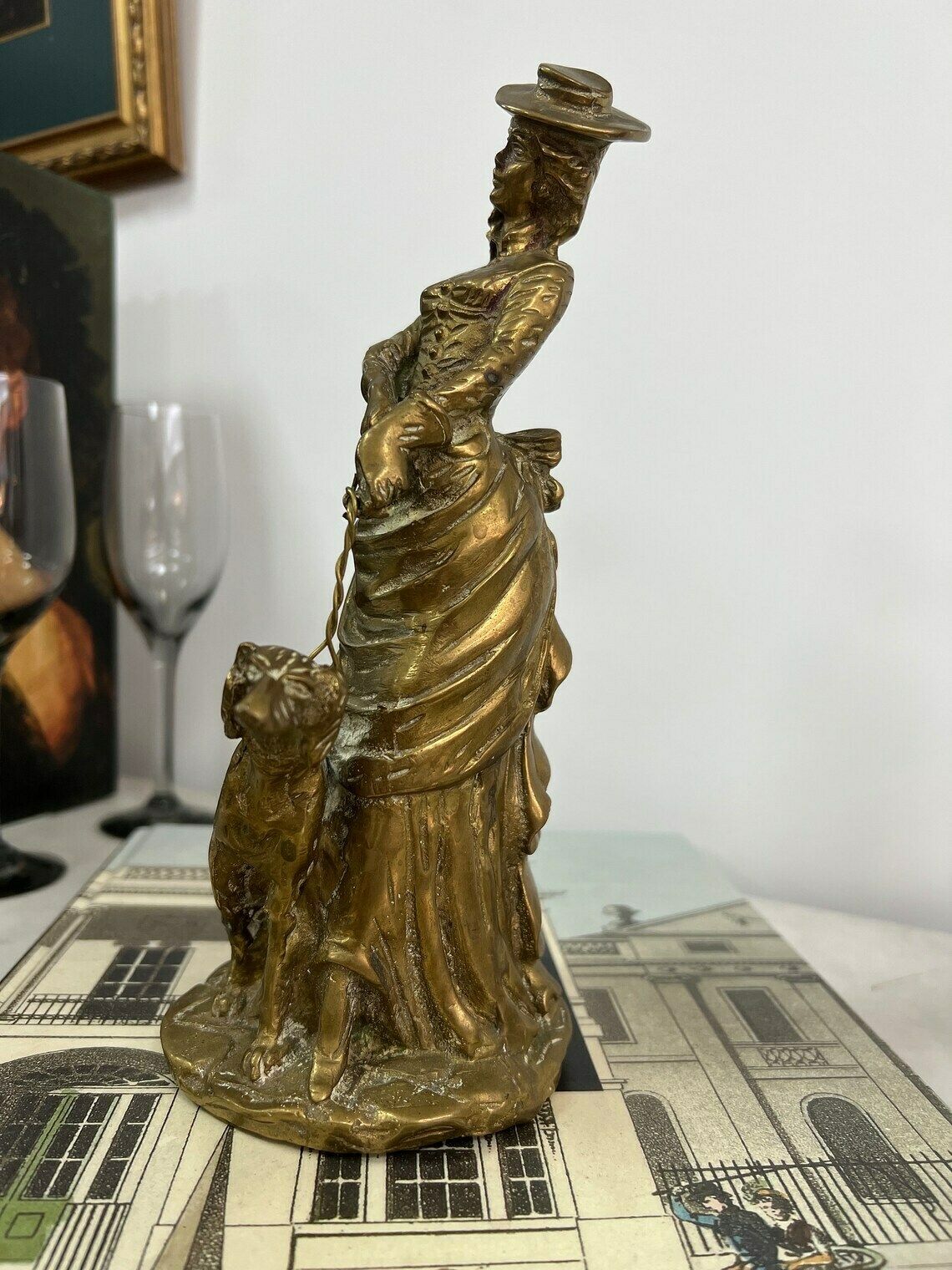 Antique Brass English Lady Statue With A Dog Animal, Lady And Dog Statue photo furniture
