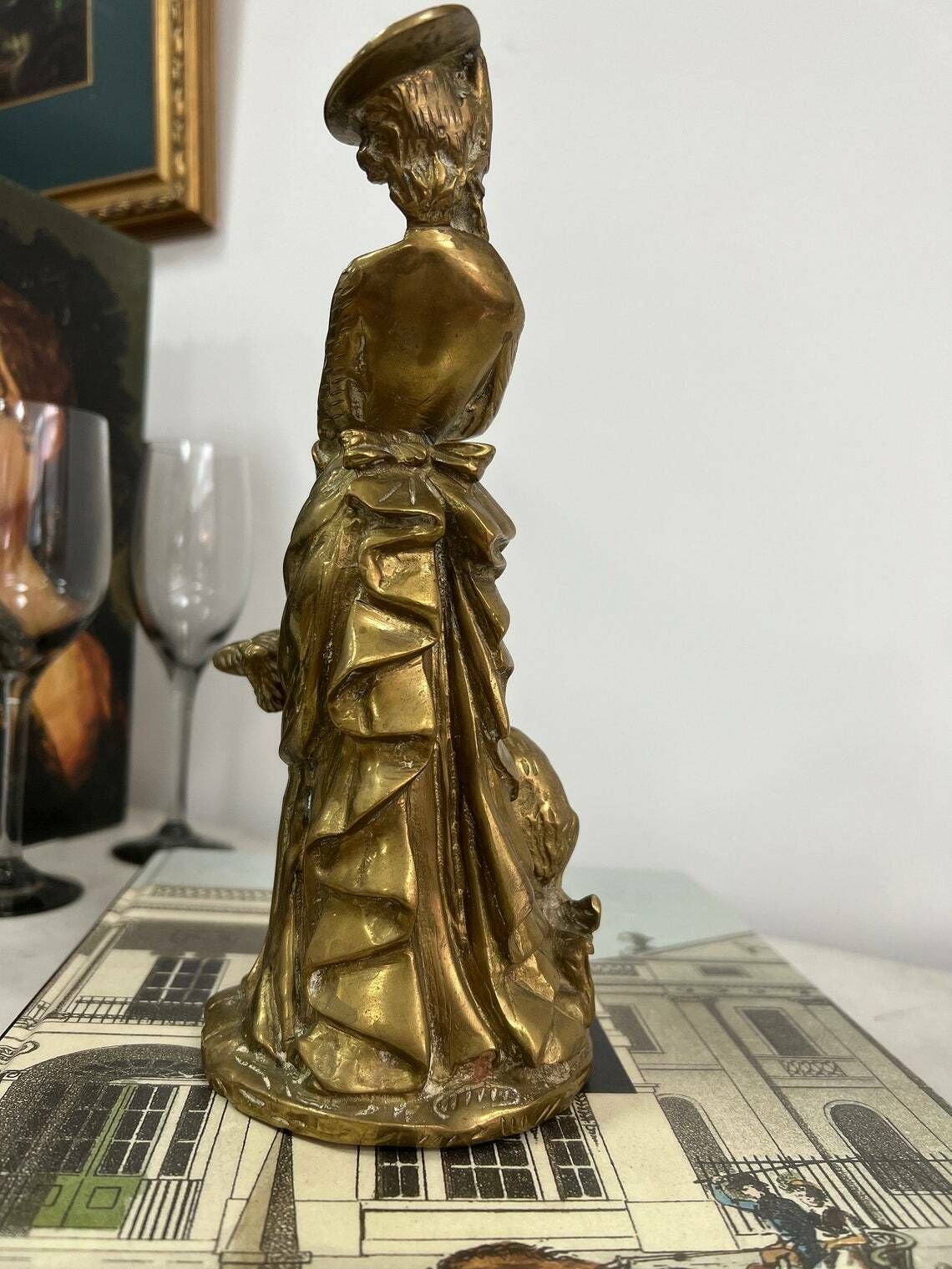 Antique Brass English Lady Statue With A Dog Animal, Lady And Dog Statue photo for sale