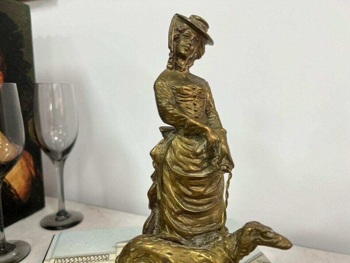 Antique Brass English Lady Statue With A Dog Animal, Lady And Dog Statue photo vintage