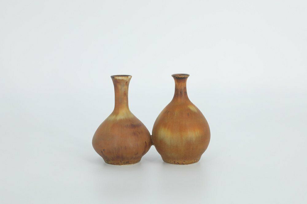 Small Mid Century Scandinavian Modern Collectible Double Brown Stoneware Vases By Gunnar Borg For Höganäs Keramik, 1960s, Set Of 2