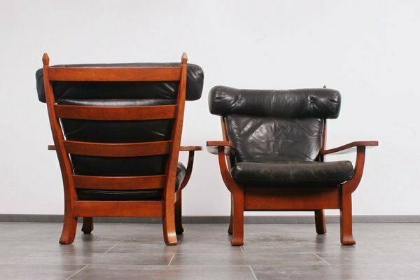 photo furniture Leather And Oak Ox Shape Armchairs 1950s Set Of 2