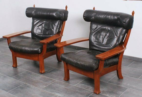 photo for sale Leather And Oak Ox Shape Armchairs 1950s Set Of 2