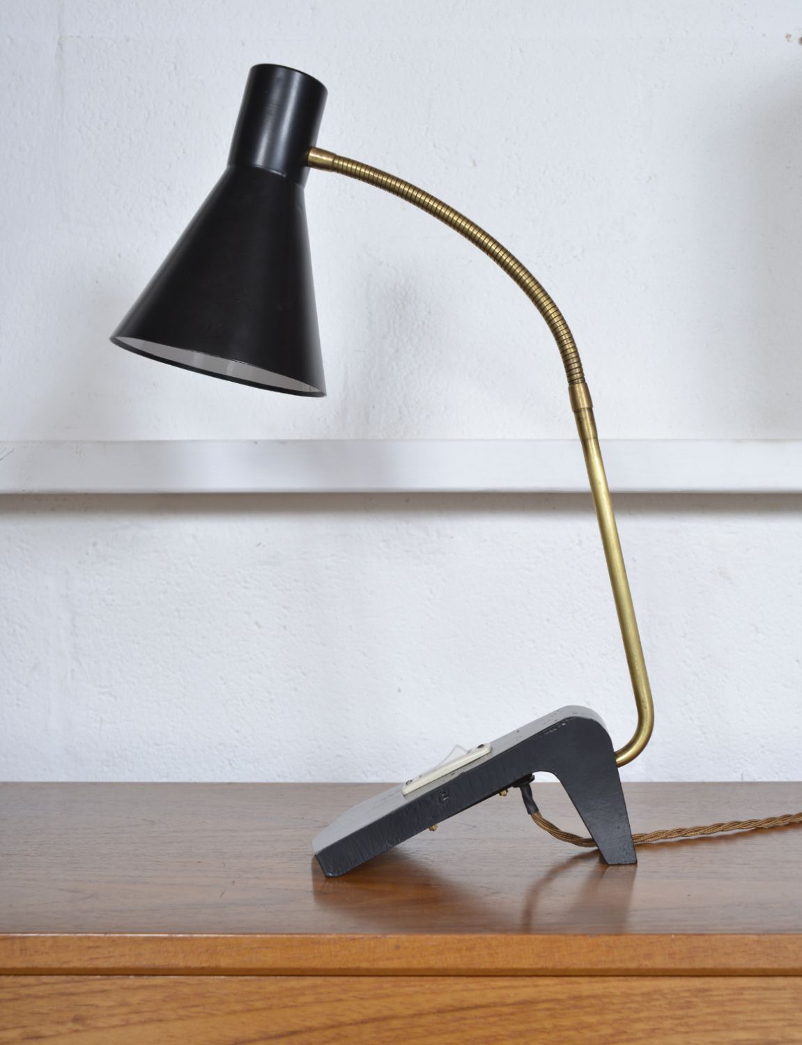 1950s Scandinavian Swan Neck Gooseneck Task Desk Lamp Black & Brass Midcentury Swedish Ewa Style photo furniture