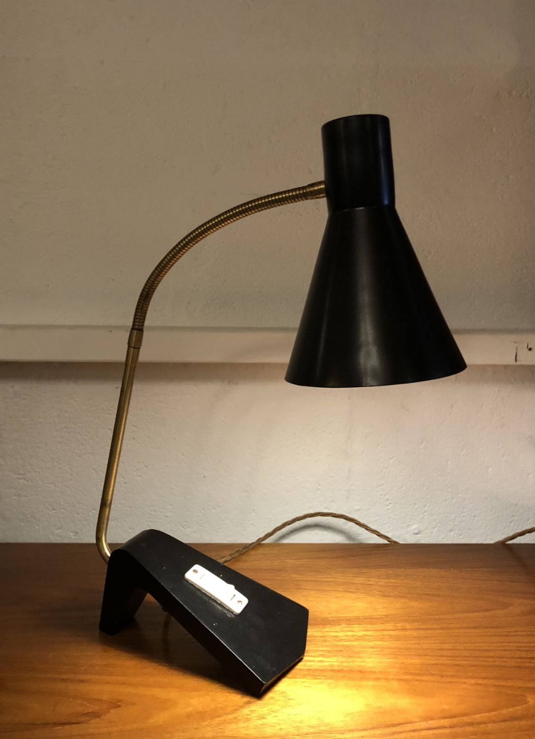 photo furniture 1950s Scandinavian Swan Neck Gooseneck Task Desk Lamp Black & Brass Midcentury Swedish Ewa Style