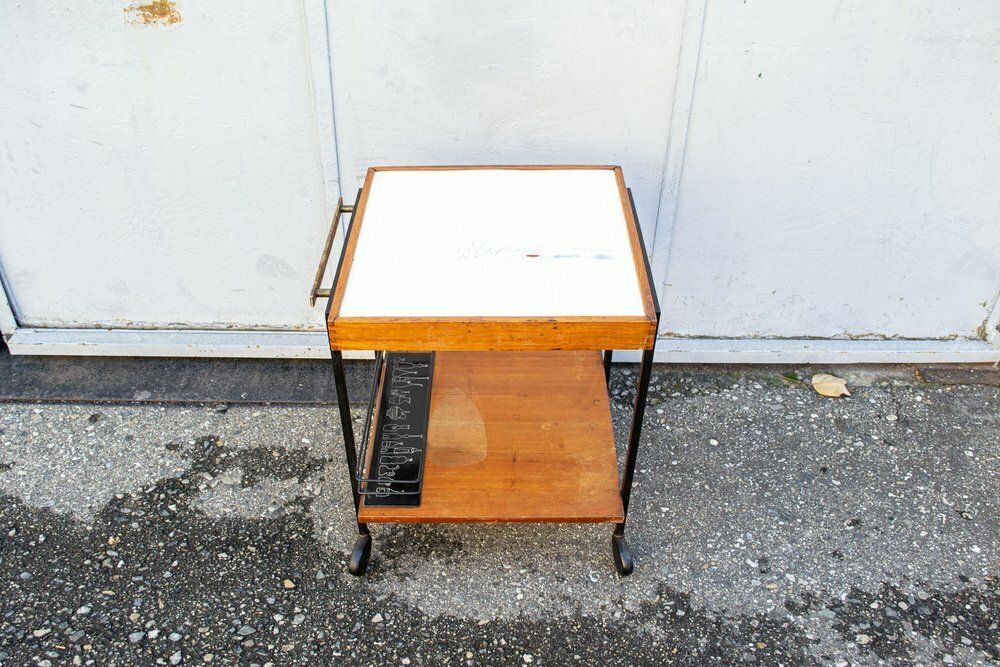 Wooden Bar Trolley In Enamel Metal, 1950s photo for sale
