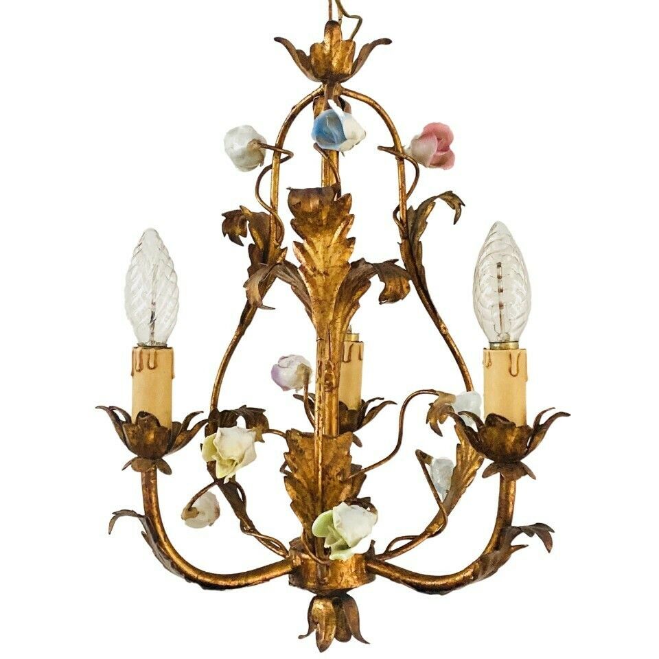 Vintage Italian Roses Porcelain Chandelier Gold Gilded Baroque Rococco 1950s photo Lighting