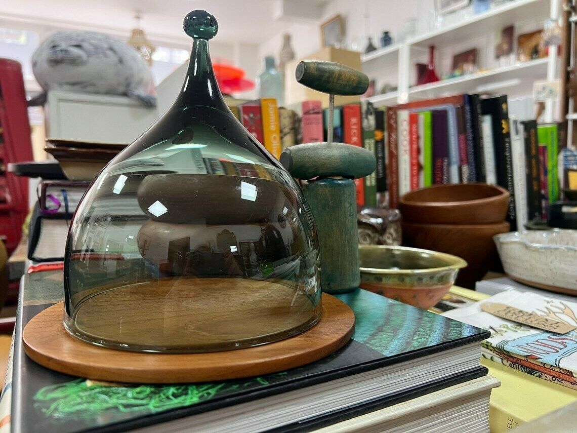 photo for sale Glass Cheese Dome By Benny Motzfeldt For Hadeland Norway, Midcentury Modern, Scandi Modern Glass Tableware, Cheese Cover, Teak And Glass,