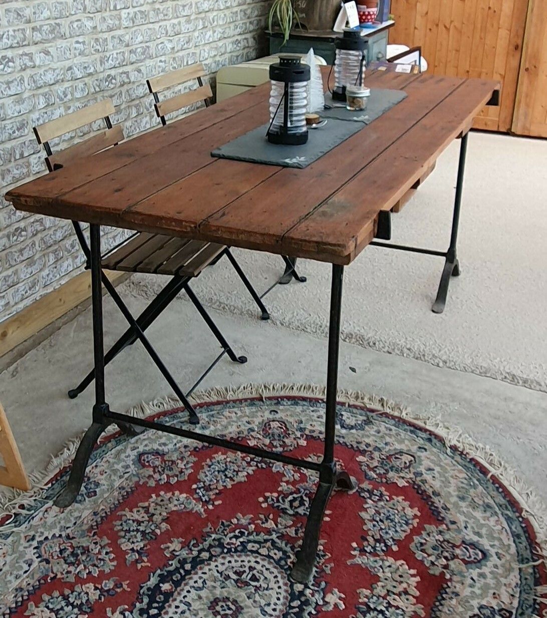 Antique Wrought Iron Trestle Table C19th Pine 6ft photo 350.0