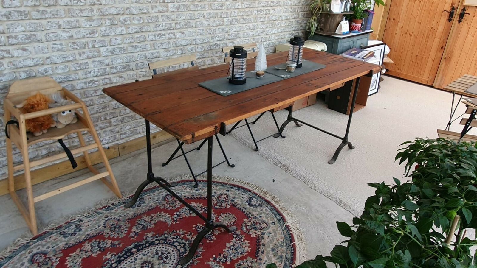 photo vinterior Antique Wrought Iron Trestle Table C19th Pine 6ft