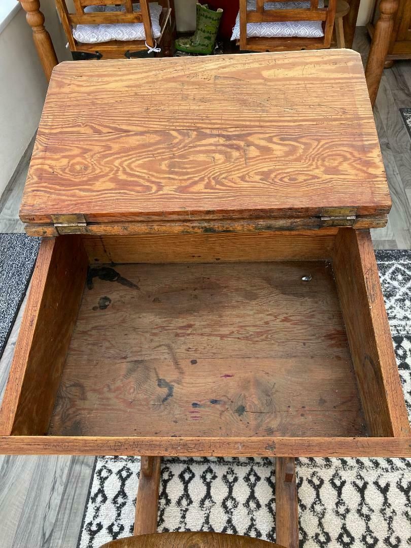Antique Elm School Slider Desk With Chair And Inkwell 1900s photo furniture