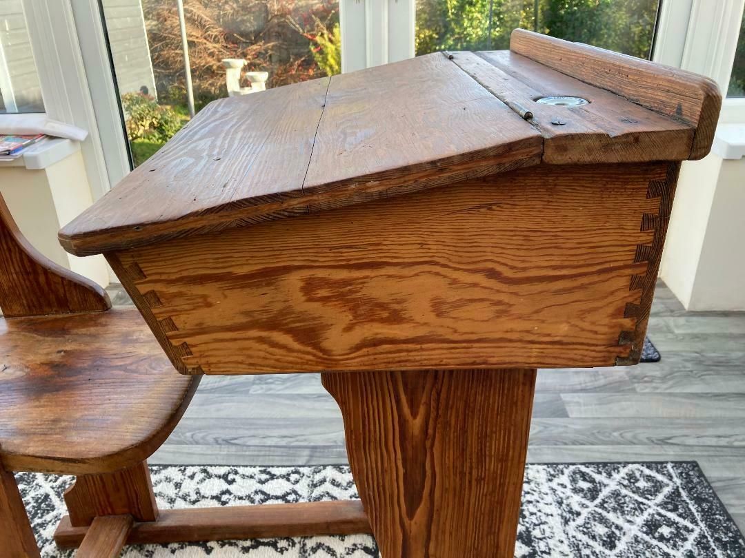 Antique Elm School Slider Desk With Chair And Inkwell 1900s photo Furniture