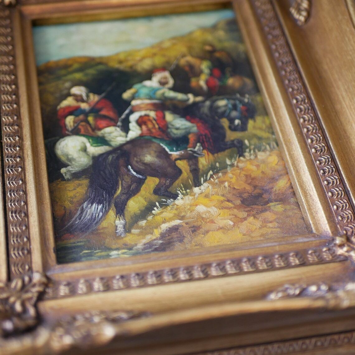 photo furniture Oil On Wood Painting Middle Eastern Horsemen Antique Gold Gilt Frame Carvers & Gilders Picture Makers And Framers England Label