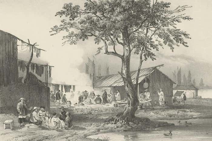 Antique Print Of A Street Kitchen In Guangzhou In China, Circa 1850 photo vinterior