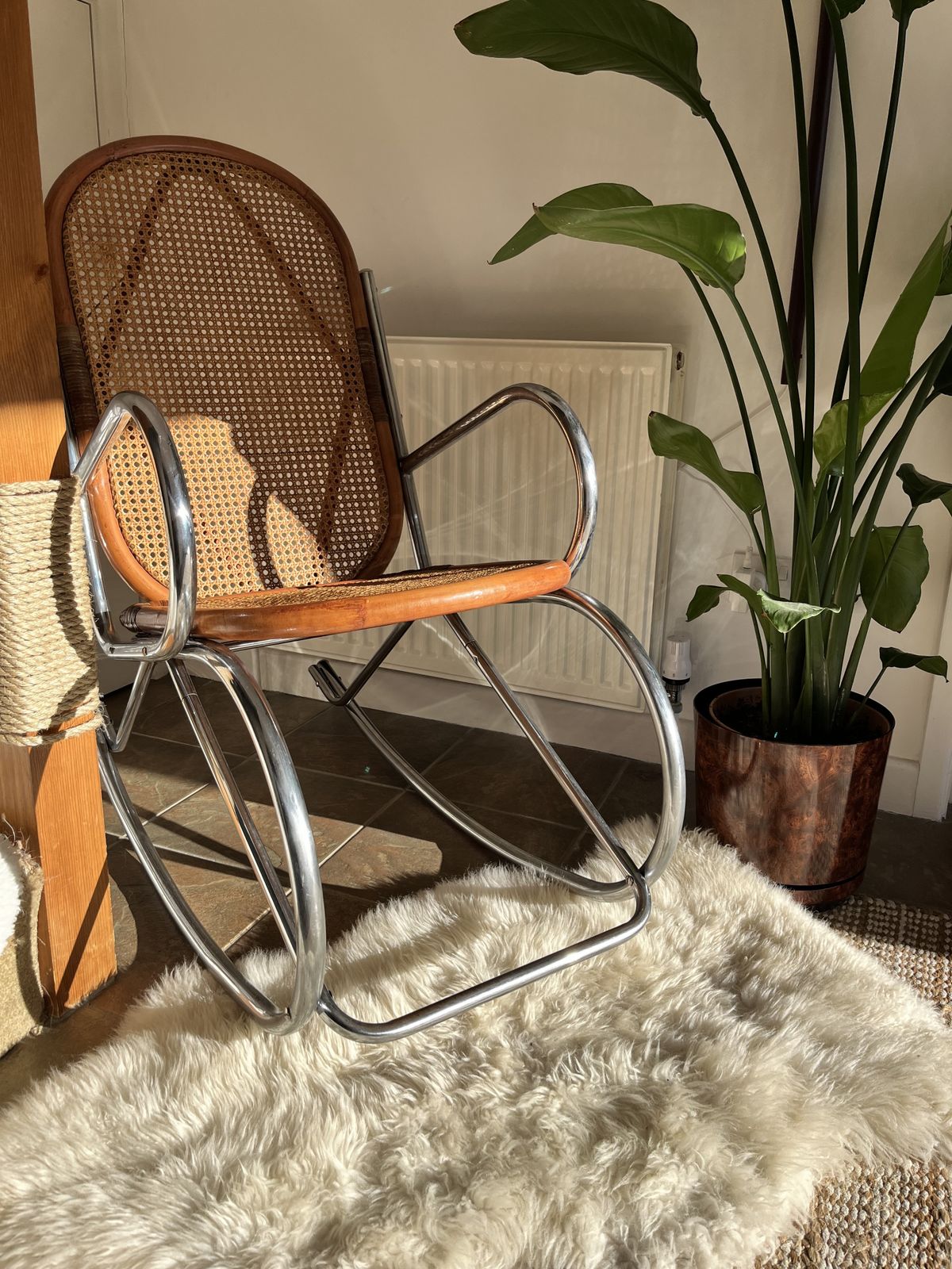 Vintage 1970s Cane Wicker Rattan Chrome Rocking Chair Mid Century