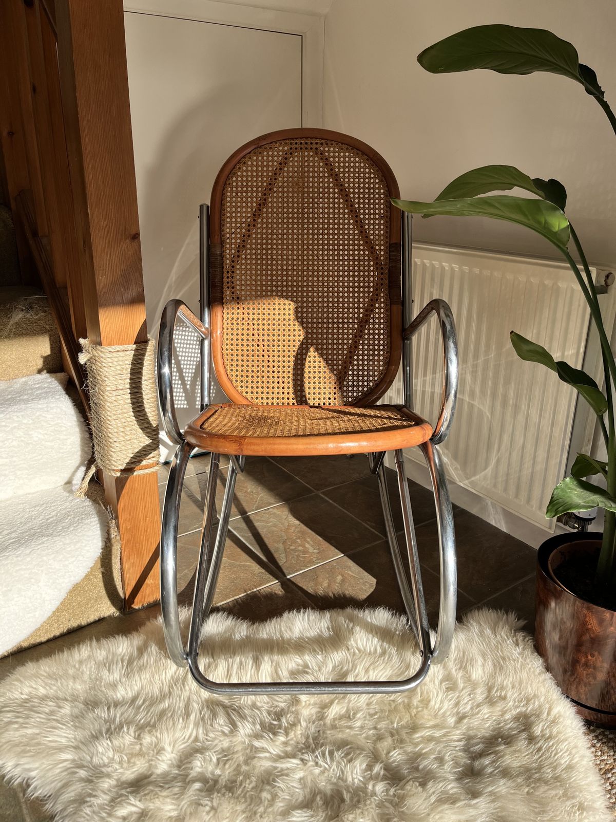 Vintage 1970s Cane Wicker Rattan Chrome Rocking Chair Mid Century photo for sale