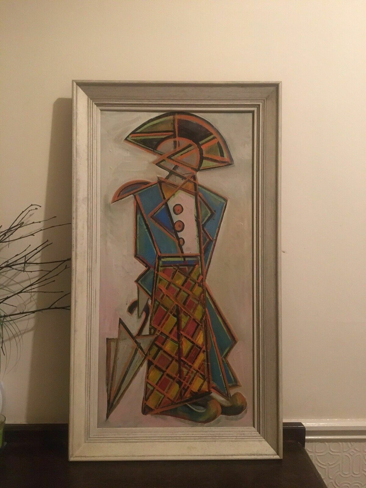 Mid Century Vintage Cubist Oil Painting Abstract Jester/Clown Framed Canvas