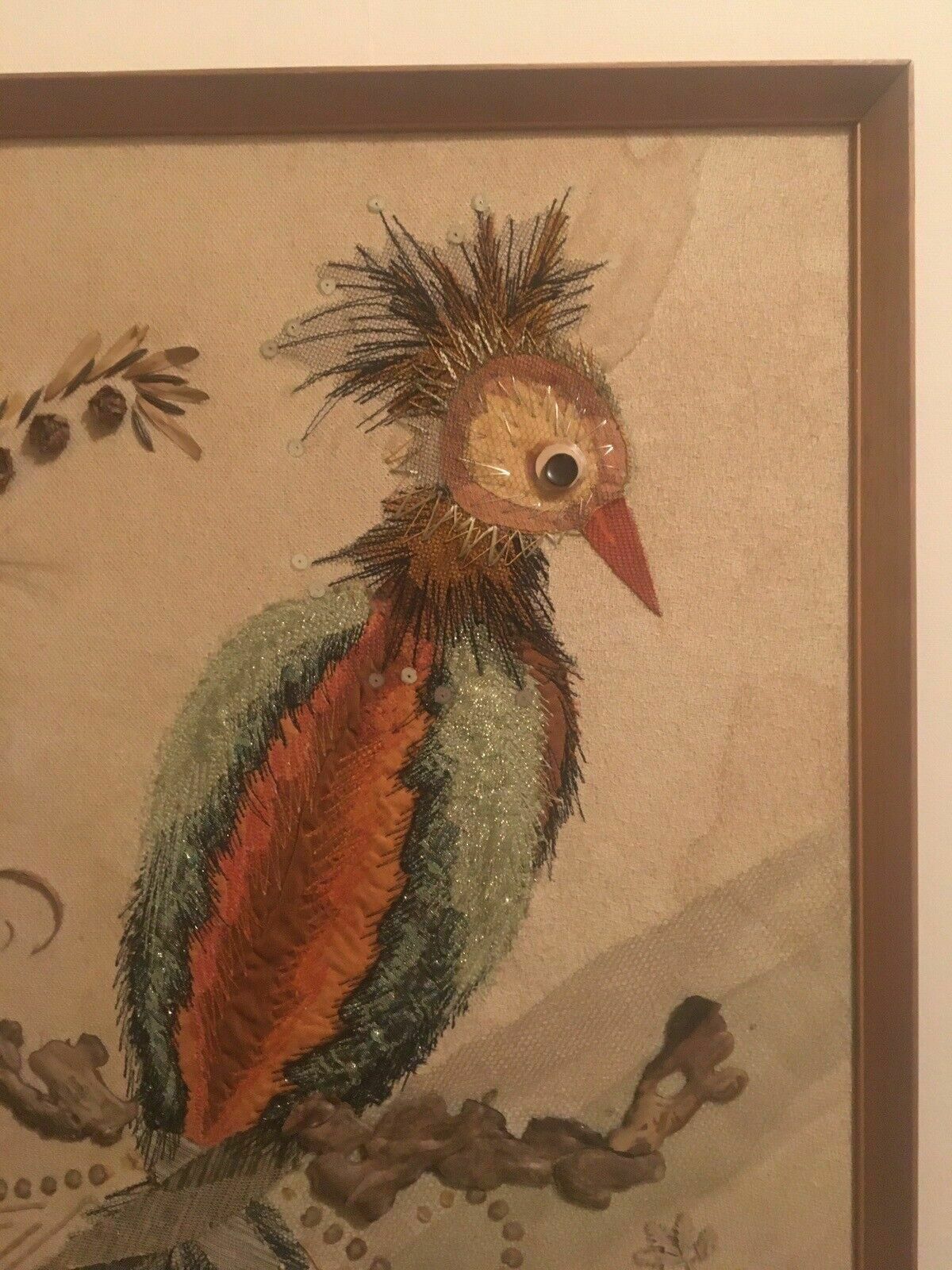 Vintage Textile Art Peacock Bird Embroidery Dried Flowers Ooak Mid Century photo vintage