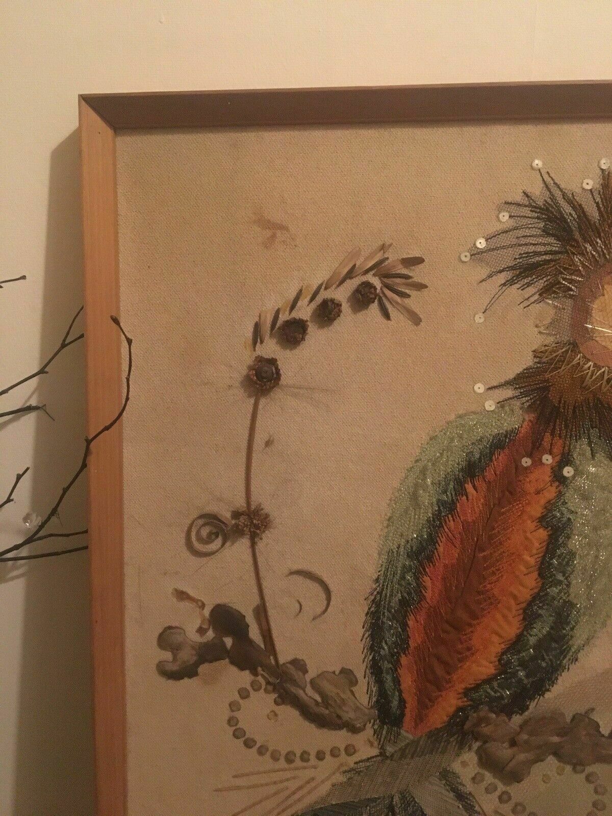 photo furniture Vintage Textile Art Peacock Bird Embroidery Dried Flowers Ooak Mid Century