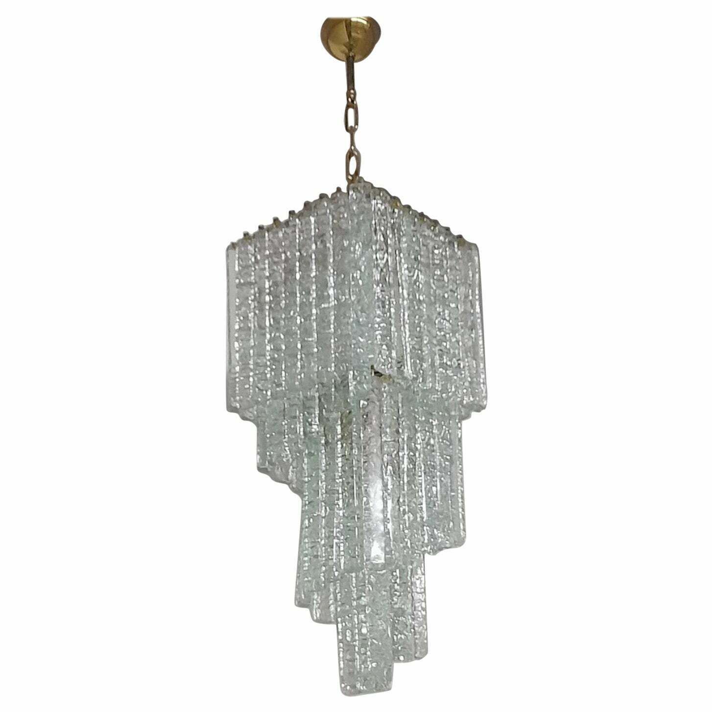 1970s Mid Century Modern Ice Effect Murano Glass Cascading Chandelier By Mazzega