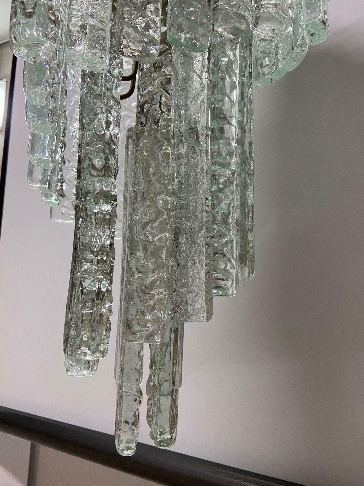 1970s Mid Century Modern Ice Effect Murano Glass Cascading Chandelier By Mazzega photo Lighting