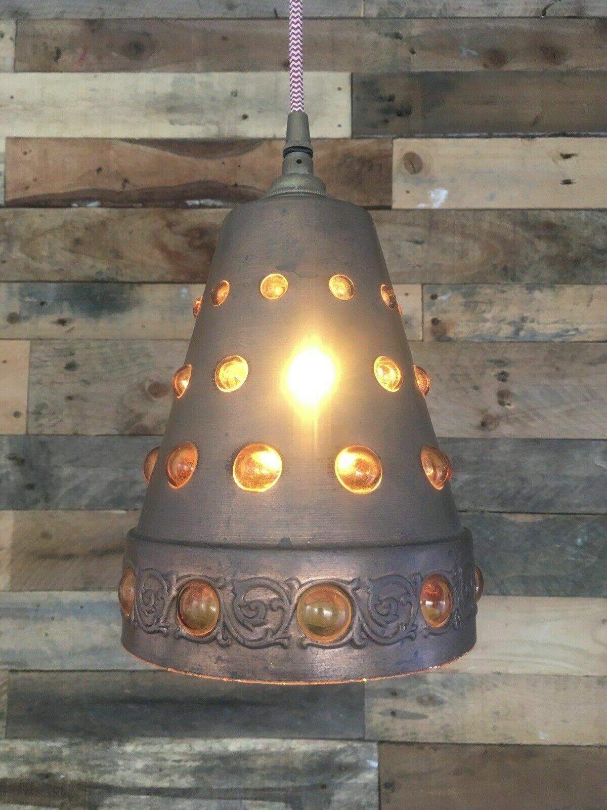 Brutalist Peill & Putzler Caged Copper Amber Glass Ufo Lampshade Ceiling Light photo Lighting