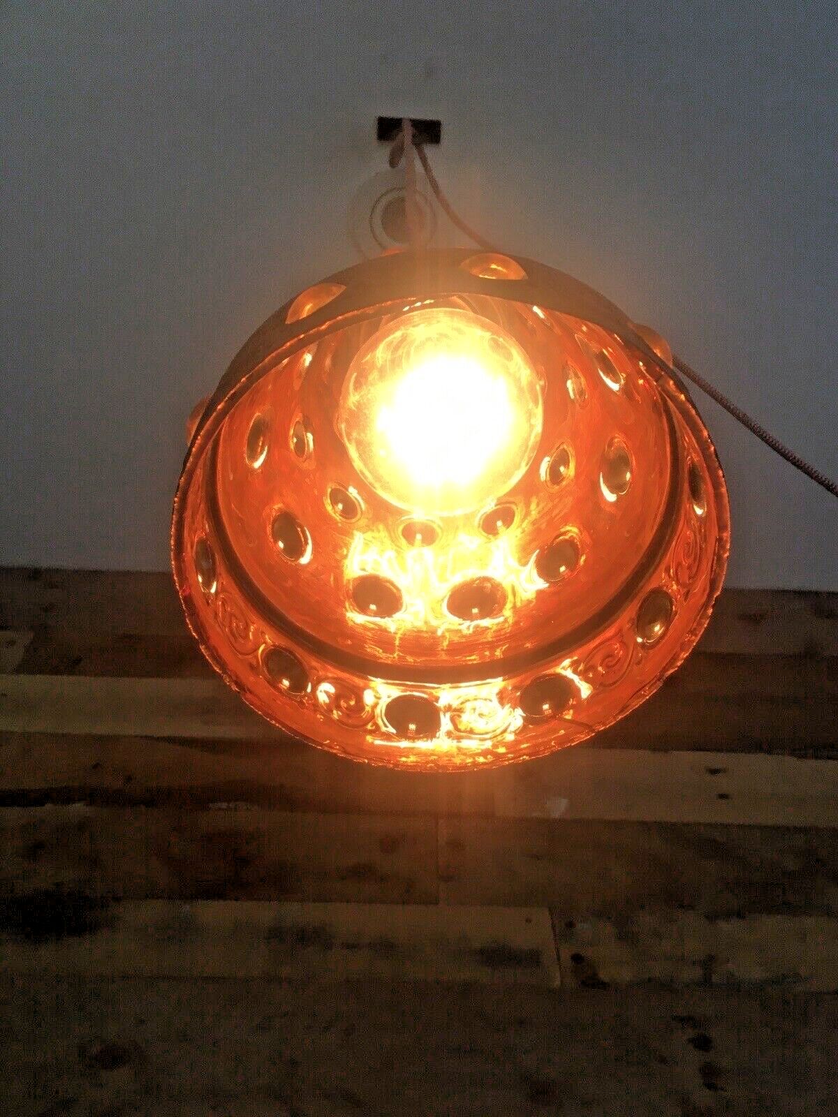 Brutalist Peill & Putzler Caged Copper Amber Glass Ufo Lampshade Ceiling Light photo vinterior
