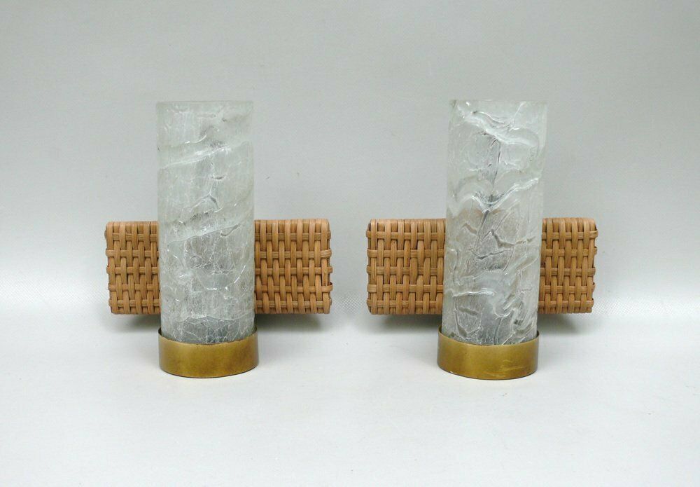 Elegant Wall Lights In Ice Glass, Rattan & Brass From Doria Leuchten, 1960s, Set Of 2