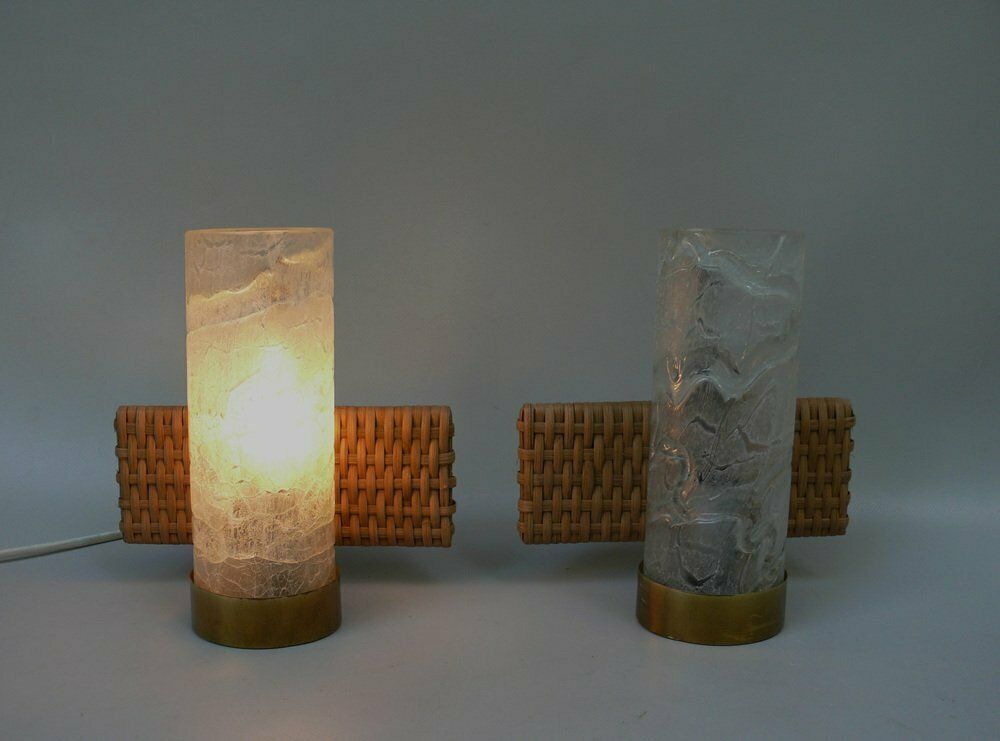 Elegant Wall Lights In Ice Glass, Rattan & Brass From Doria Leuchten, 1960s, Set Of 2 photo buy