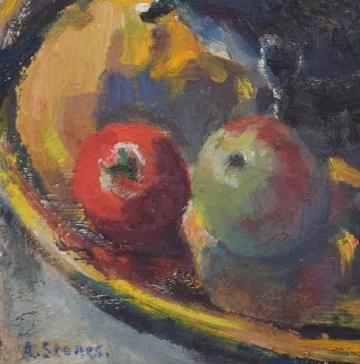 Still Life With Coffee Pot And Fruit 20th Century Oil Painting By Angela Stones photo for sale