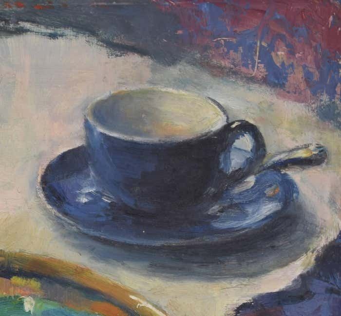 Still Life With Coffee Pot And Fruit 20th Century Oil Painting By Angela Stones photo vinterior