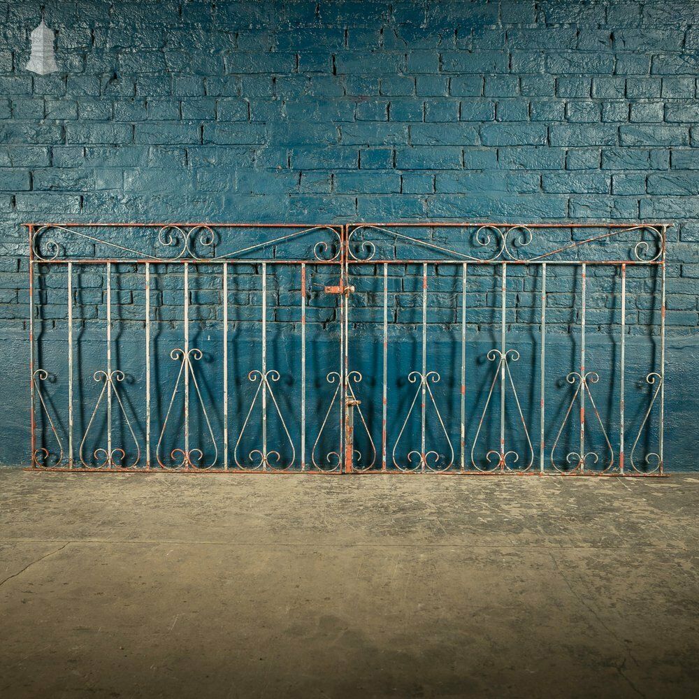 Wrought Iron Driveway Gates, Pair Of 20th C Gates With Distressed Paint Finish