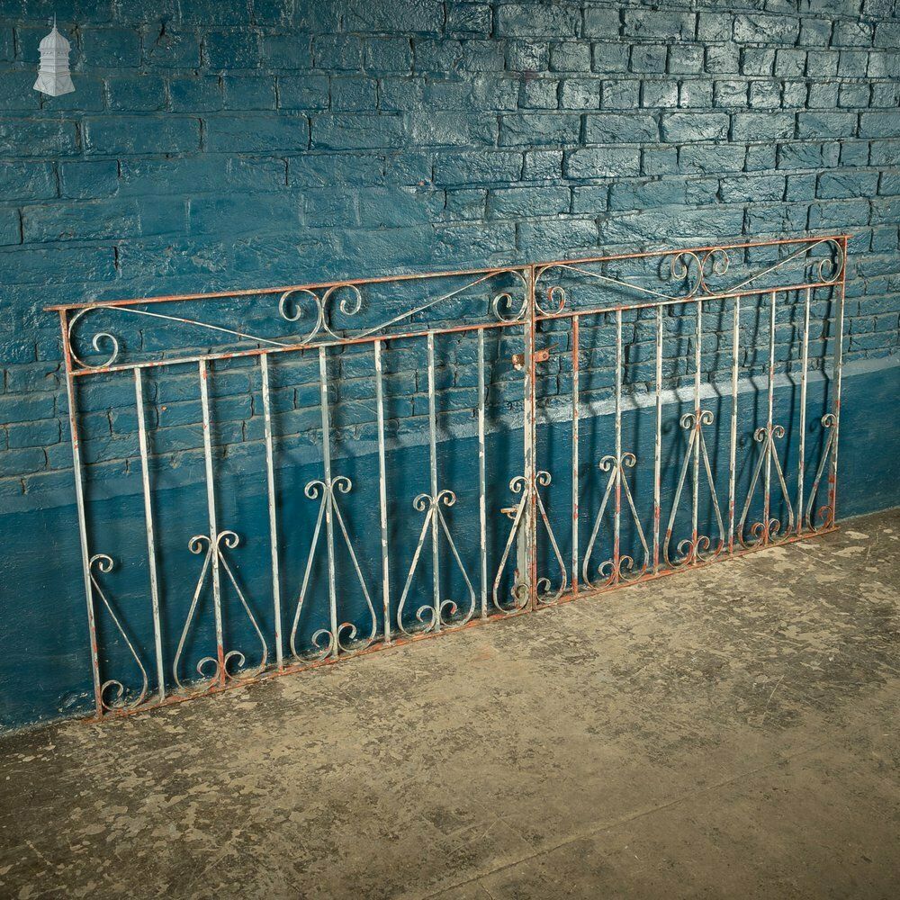 Home Fixtures Wrought Iron Driveway Gates, Pair Of 20th C Gates With Distressed Paint Finish photo