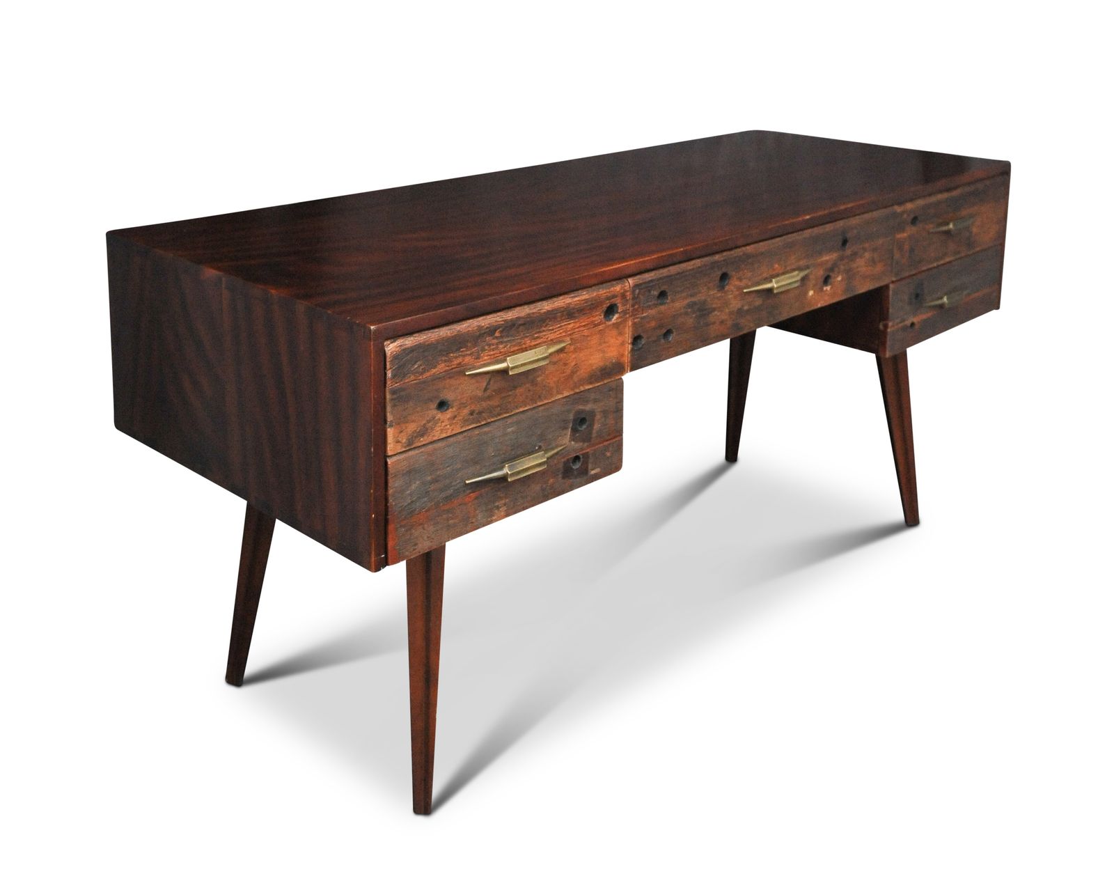 An Impressive Hardwood And Reclaimed Timber Desk Befit With Five Drawers & Gilded Handles Ol