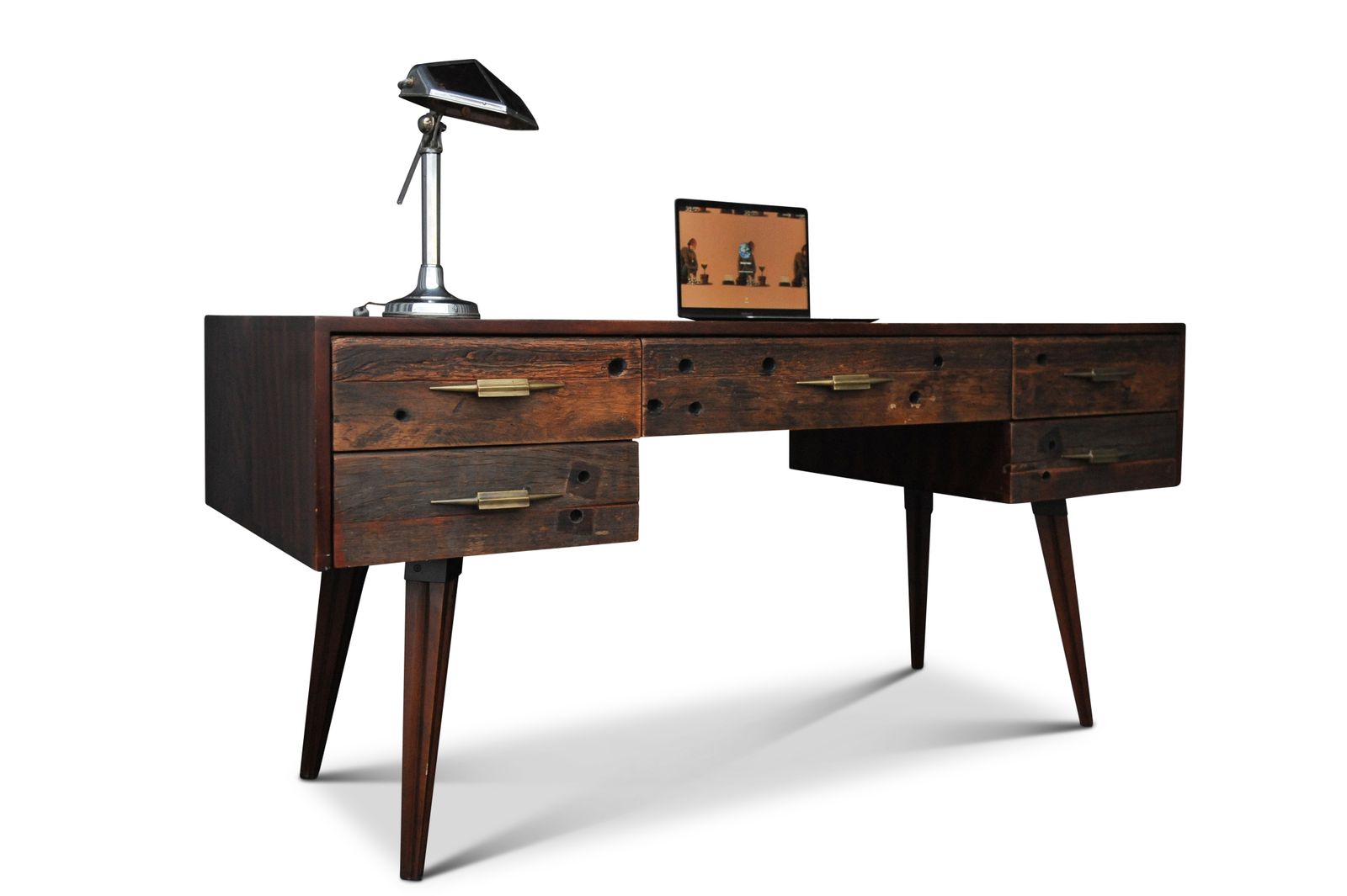 An Impressive Hardwood And Reclaimed Timber Desk Befit With Five Drawers & Gilded Handles Ol photo vintage