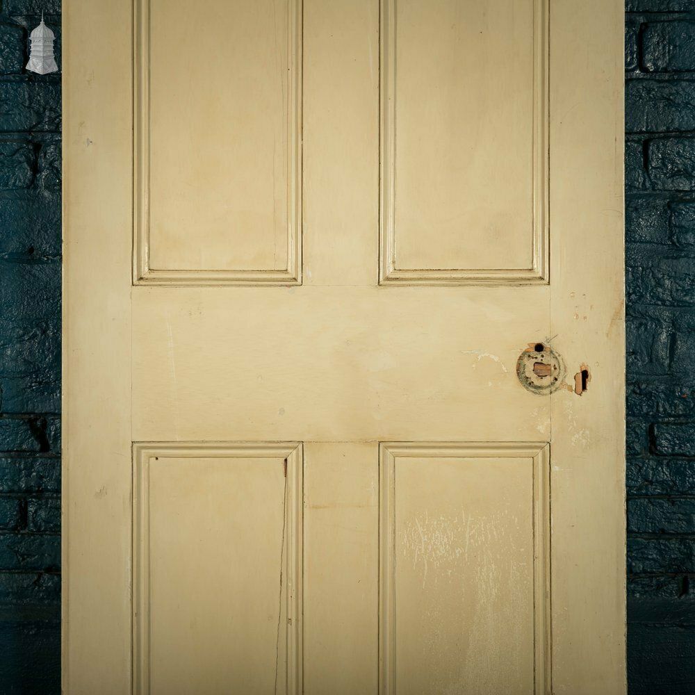 Pine Panelled Door, Victorian 4 Panel Green Painted photo for sale