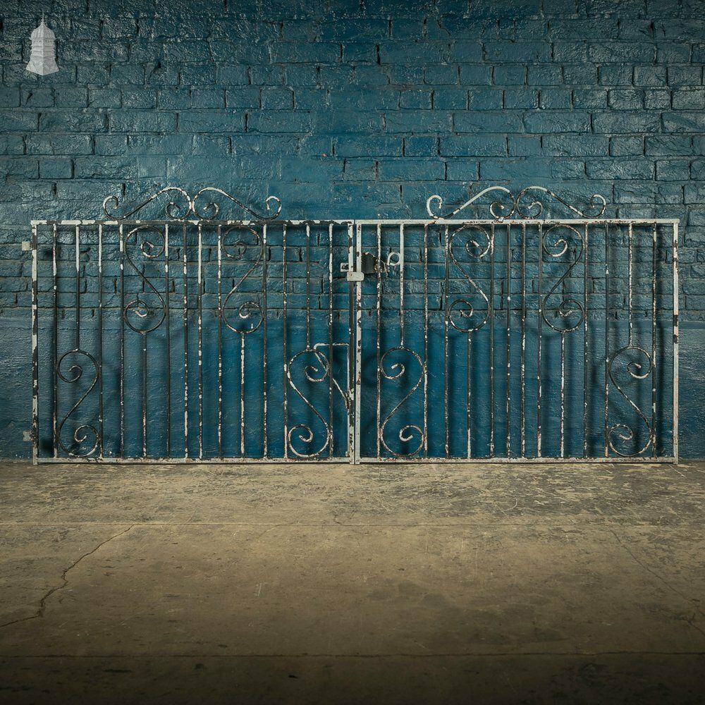 Wrought Iron Driveway Gates, Pair Of 20th C Gates With Distressed Painted Finish