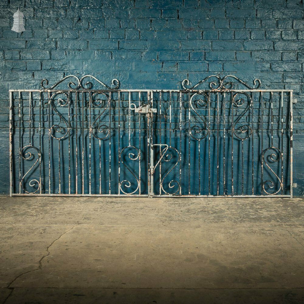 630.0 Wrought Iron Driveway Gates, Pair Of 20th C Gates With Distressed Painted Finish photo