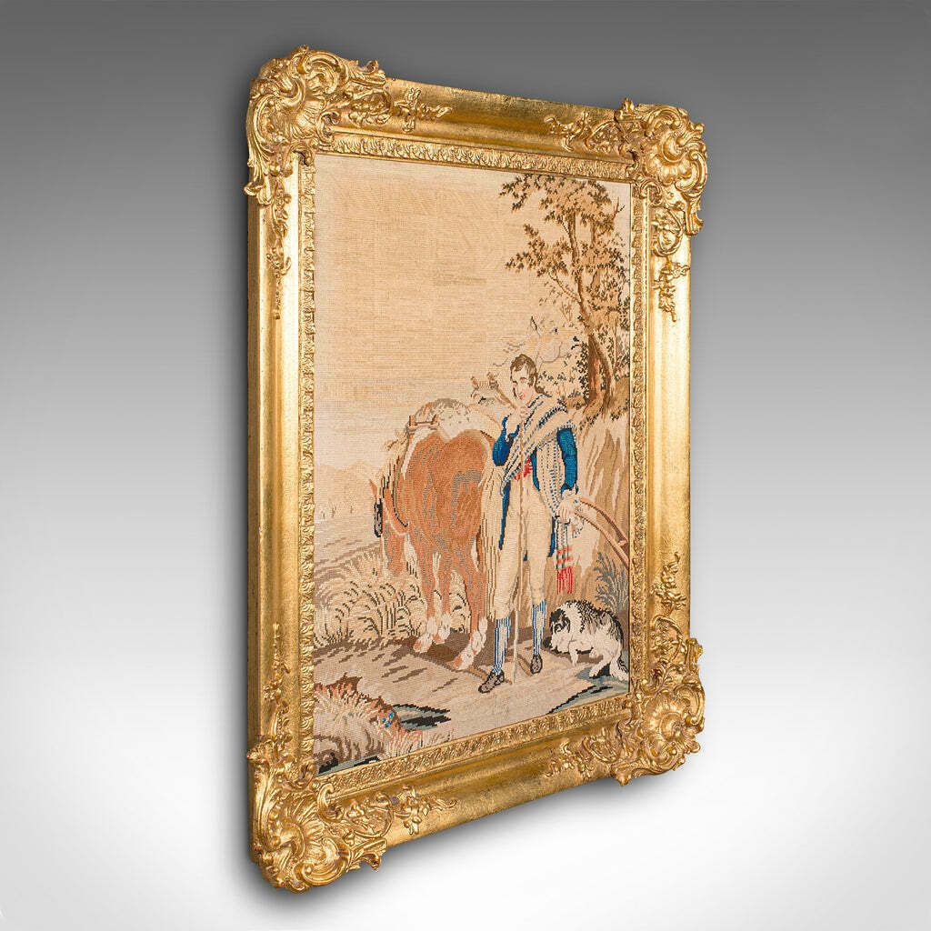 Antique Framed Tapestry, Continental, Needlepoint, Giltwood, Panel, Victorian