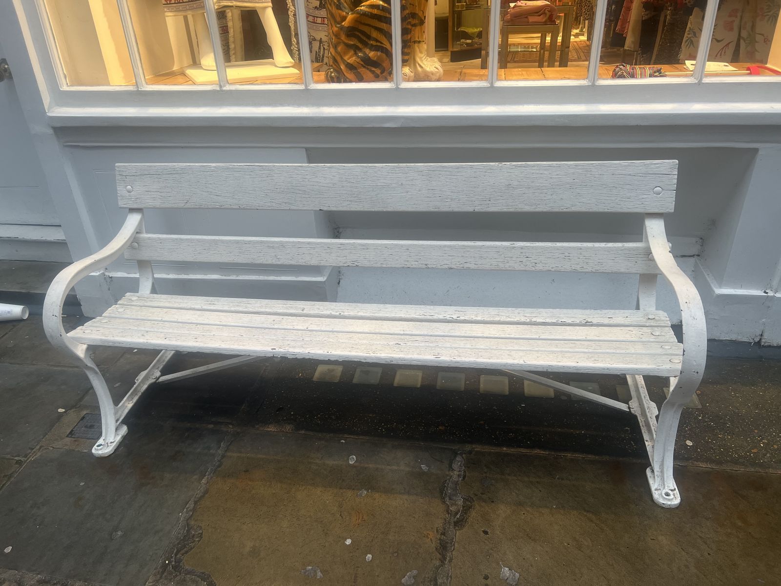Vintage White Wooden Garden Bench Seat Cast Iron Ends photo furniture